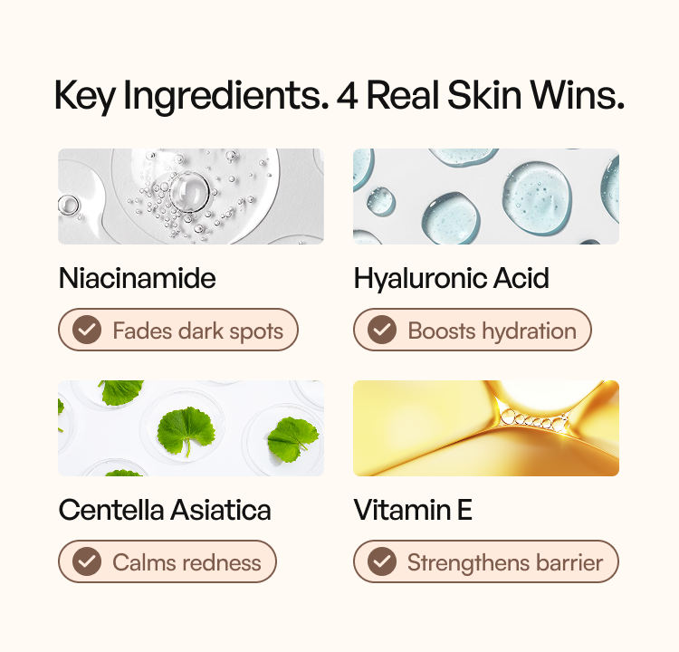 Key ingredients: niacinamide, hyaluronic acid, centella asiatica, vitamin E